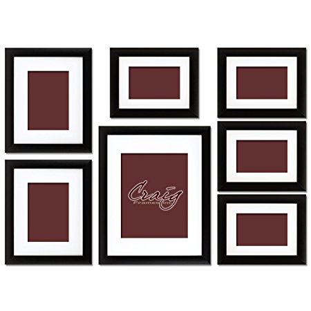 Craig Frames 1WB3BK Picture Frame 7-Piece Wall Set, Black Frames, White Display Mats