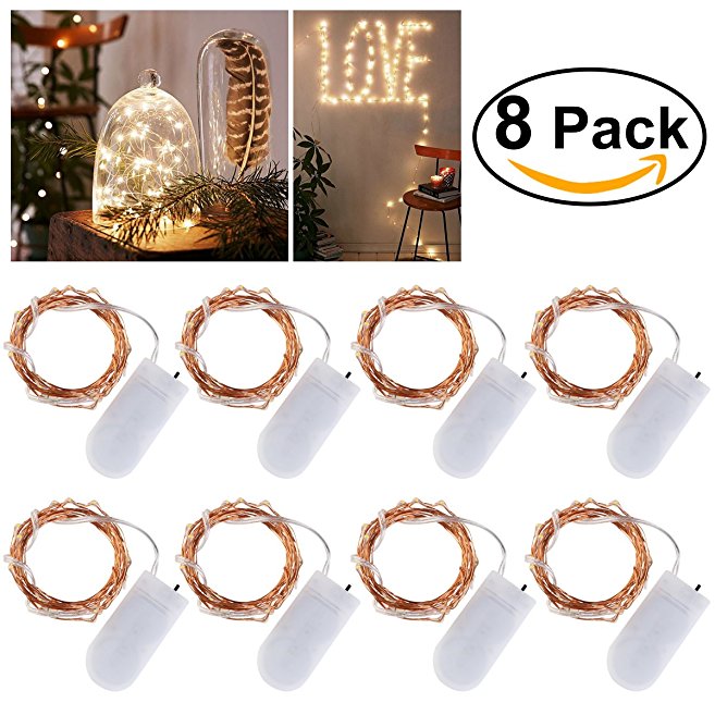 LEDMOMO 8PCs Micro Fairy Lights 6.6ft/2M Copper String Lights 20 LEDs Battery Operated by 2 x CR2032(Included) , Warm White