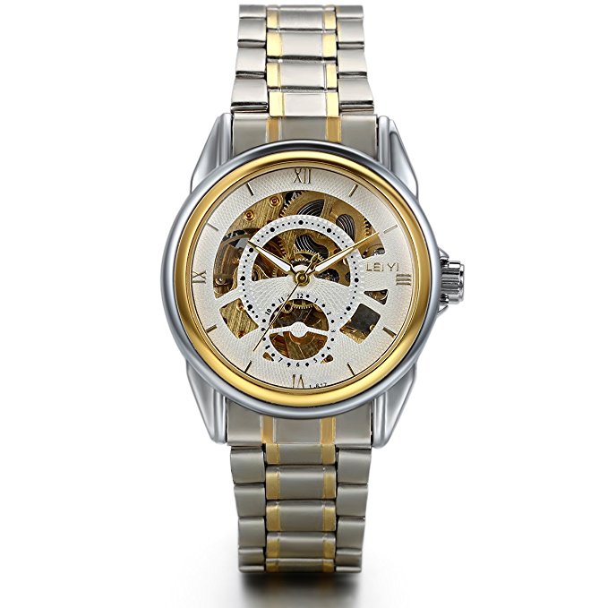 JewelryWe New Automatic Mechanical Mens Silver Gold Tone Stainless Steel Band Men's Wrist Watch