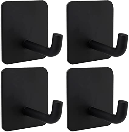 4 Pieces Self Adhesive Hooks, Black Heavy Duty Towel Wall Sticky Hooks Stainless Coat Door Hooks for Bathrooms Kitchen Lavatory Closet Bedroom