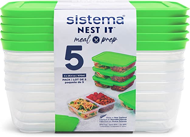 Sistema NEST IT Meal Prep Containers | 870 ml | Airtight Food Storage Containers with Compartments & Lids | BPA-Free | Green | 5 Count