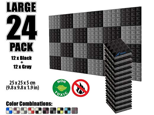 Arrowzoom New 24 Pack of 9.8 X 9.8 X 1.9 Inches Black and Gray Soundproofing Insulation Pyramid Acoustic Wall Foam Padding Studio Foam Tiles AZ1034 (BLACK & GRAY)