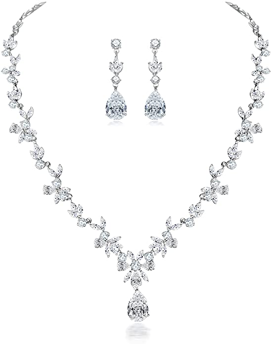 Hadskiss Jewelry Set for Women, Necklace Dangle Earrings Bracelet Set, White Gold Plated Jewelry Set with White AAA Cubic Zirconia, Allergy Free Wedding Party Jewelry for Bridal Bridesmaid