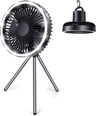 Odoland Portable Camping Fan with LED Lantern, 10000mAh Battery Operated USB Rechargeable Fan with Hanging Hook, 3 Lights Modes, 3 Speeds Quiet Ceiling Fan, Tent Fan with Tripod for Outdoor Emergency