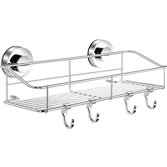 Haundry Suction Cup Shower Caddy Basket, Bathroom Corner Shower Shelf Organizer Stainless Steel with 4 Removable Hooks