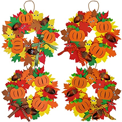 Supla 12 Kits 3D Pumpkin Fall Leaf Wreath Craft Kit DIY Thanksgiving Wreath with Maple Leaves Acorns Bows Wiggle Eyes for Kids Crafts Fall Thanksgiving Halloween Seasonal Decoration