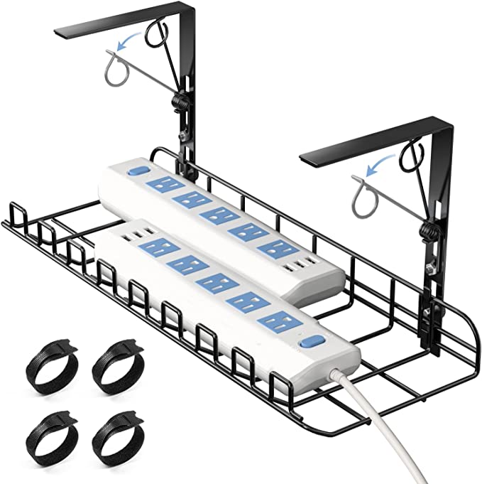 Yecaye Under Desk Cable Management Tray - 15.7in Spring Clamps No Drill Wire Cord Organizer for Desk- Larger Wire Management Desk Cable Organizers - Sturdy Metal Desk Cord Management and Cable Tray