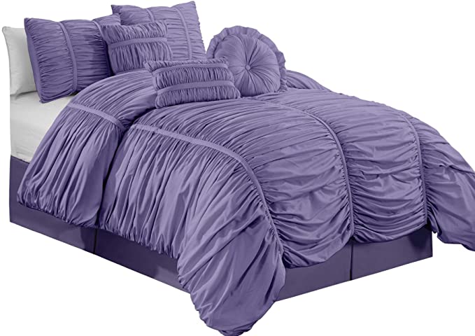Chezmoi Collection Chic 7-Piece Ruched Pleated Comforter Set (Full, Lavender)