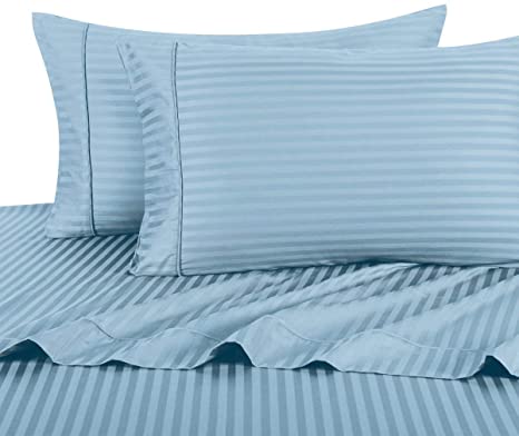 Queen Size Sheets, Blue, 100% Cotton Sheets, Deep Pocket, Cool Cotton Sateen, Smooth Striped Pattern Weaved Bed Sheets