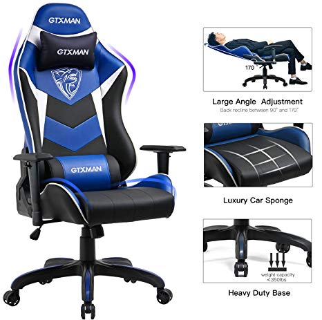 GTXMAN Big and Tall 400lb Memory Foam Gaming Chair - Adjustable Tilt, Back Angle and 3D Arms Ergonomic High-Back Leather Racing Executive Computer Desk Office Chair Blue