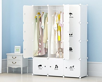 Portable Clothes Closet Wardrobe by Tespo-Freestanding Storage Organizer with doors , large space and sturdy construction. White (12 - Deeper Cube)