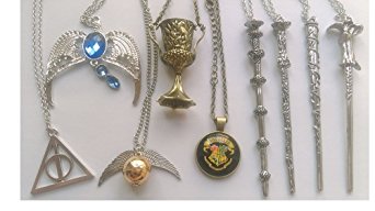 9 pcs Harry Potter Charms Necklaces Collectible Wands Golden Snitch Deathly Hallows