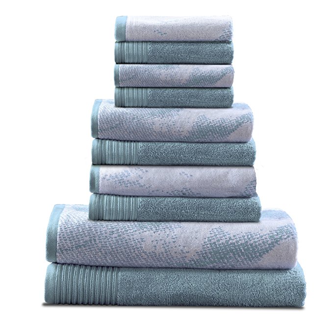 Superior 100% Cotton Marble Effect 10-Piece Towel Set, Solid and Luxurious Marble Pattern Jacquard, Super Soft, Plush and Absorbent, 2 Bath Towels, 4 Hand Towels, 4 Wash Cloths - Cyan