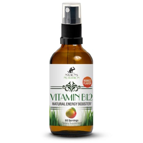 Vitamin B12 Liquid Spray Drops  Mango Flavor  Improves Mood and Provides an Energy Boost  Superior Absorption  60 Servings