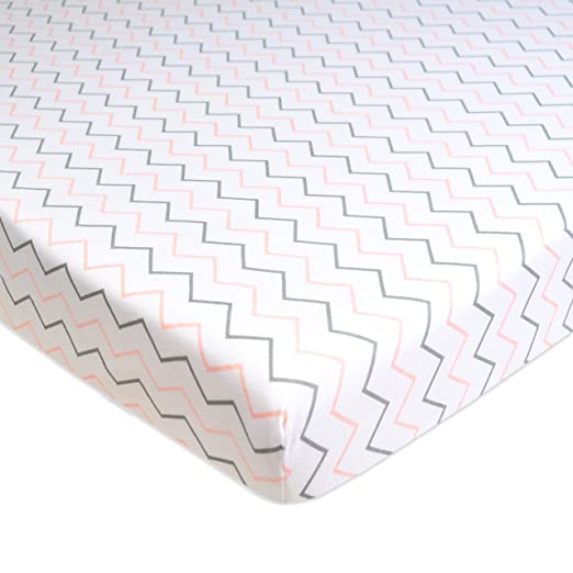 TL Care Printed 100% Natural Cotton Value Jersey Knit Fitted Portable/Mini-Crib Sheet, Pink Zigzag, Soft Breathable, for Girls