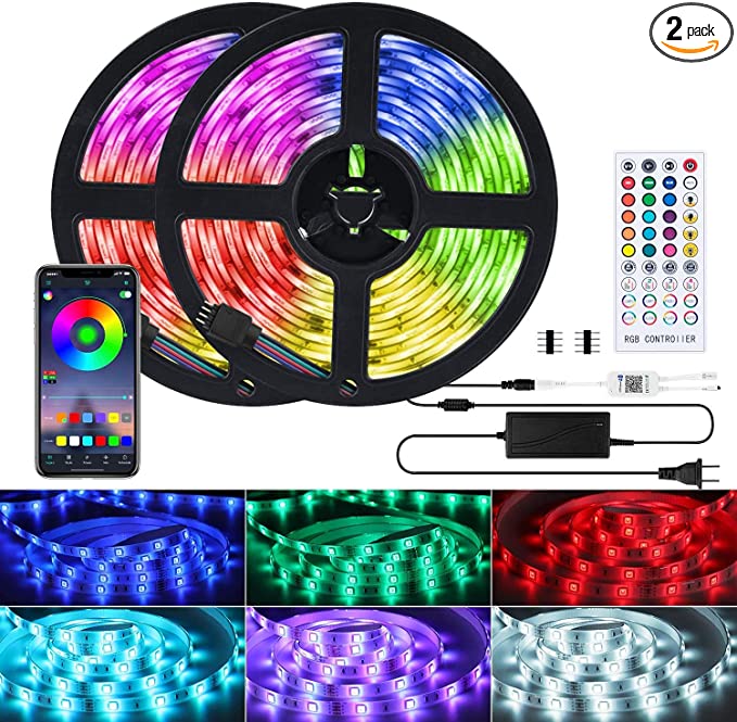 LED Strip Lights, 32.8 Ft 300 LEDs Color Changing 5050 RGB Music Sync Led Light Strip with Remote & Bluetooth Controller & Timer, Waterproof Led Lights for Bedroom, Kitchen, TV, Party, Bar Decoration