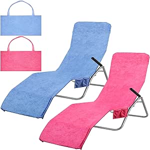 Fasmov Lounge Chair Towel, 2 Pack Beach Towel Microfiber Pool Lounge Chair Cover Lawn Chair Cover Patio Chair Cover with Pockets for Pool Garden Sun Lounger Sunbathing Vacation, 82.6" x 28.7"(Blue, Purple Red)