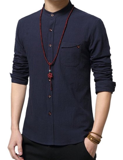 Men's Linen Cotton Long Sleeve Stand Collar Button Down Shirt