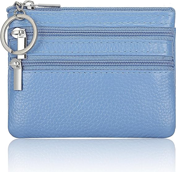 Fueerton Women's Genuine Leather Coin Purse Mini Pouch Change Wallet with Key Ring (Light Blue)