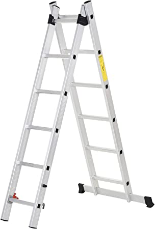 HOMCOM Escalera Aluminio con Estructura Triangular de Tijera Plegable Portátil 2 Formas de Uso Pie Antideslizante Articulación Rail Máx. 150kg Altura 160-249cm Plata