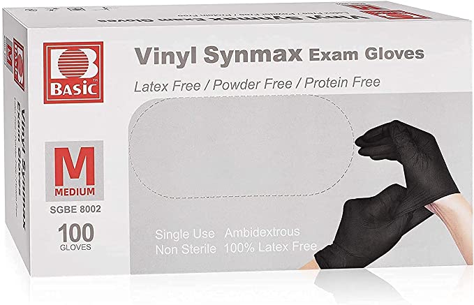 Disposable Medical Synmax Vinyl Exam Gloves- "100pcs" - Latex-Free & Powder-Free - Medium, Black Color