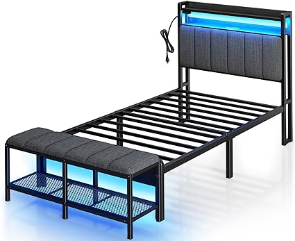 Rolanstar Twin Bed Frame with Charging Station & LED Lights, Upholstered Headboard with Storage Shelves, Heavy Duty Metal Slats, No Box Spring Needed, Easy Assembly,Grey