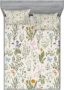 Ambesonne Floral Fitted Sheet & Pillow Sham Set for Master and Guestroom Bedrooms Vintage Garden Plants Botanical Classic Design Print Decorative 3 Piece Bedding Decor Set, King, Pink Blue