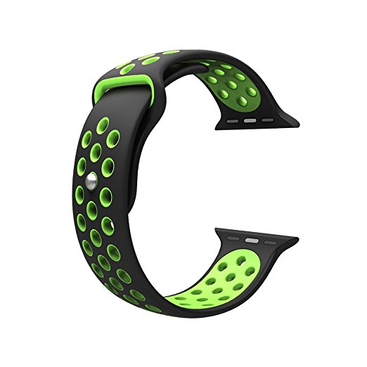 For Apple Watch Band, Wearlizer Soft Silicone Sport Replacement Strap for both Series 1 and Series 2 - 38mm Black and Green