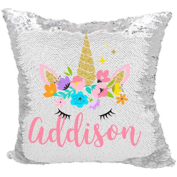 Personalized Mermaid Reversible Sequin Pillow, Custom Unicorn Sequin Pillow for Girls (White/Silver)