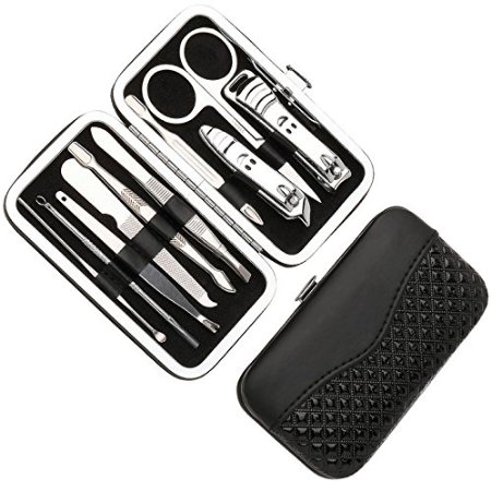 CASSICAT Pedicure  Manicure Set Nail Clippers Cleaner Cuticle Clippers Grooming Kit Case 10 in 1 Black