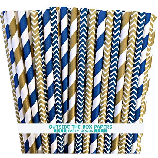 Outside the Box Papers Navy Blue and Gold Chevron and Stripe Paper Straws 7.75 Inches 100 Pack Navy Blue, Gold, White