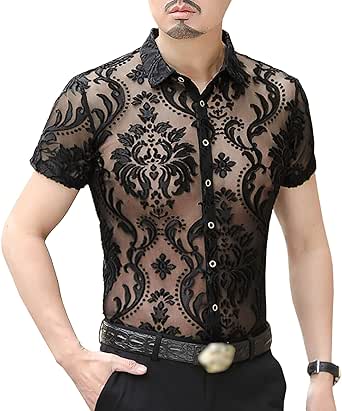 MOKEWEN Men's Punk Elegant See Through Lace Short Sleeve Shirts