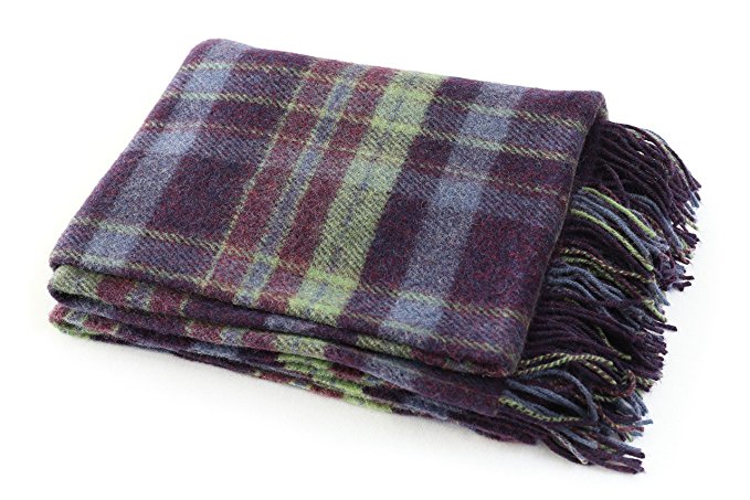 John Hanly Plaid Throw Blanket Wool 75" x 54” Purple & Green Plaid Irish Made
