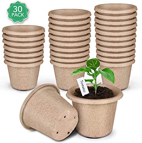 ANGTUO Peat Pots for Garden Seedling Tray 4in 100% Eco-Friendly Organic Germination Seedling Trays Biodegradable 30 Pack and 10 Plastic Plant Markers Included