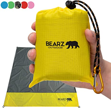 BEARZ Outdoor Picnic Blanket & Camping Mat - Sand Proof Beach Blanket, Camping Tarp, Outdoor Rug. Picnic Blankets with Waterproof Backing. Festival & Camping Accessories (Yellow)