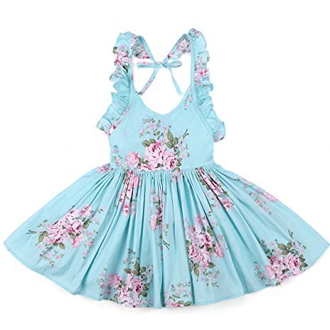 Flofallzique Vintage Girls Dress Floral Dress For Kids Blue Birthday Party Princess Dress
