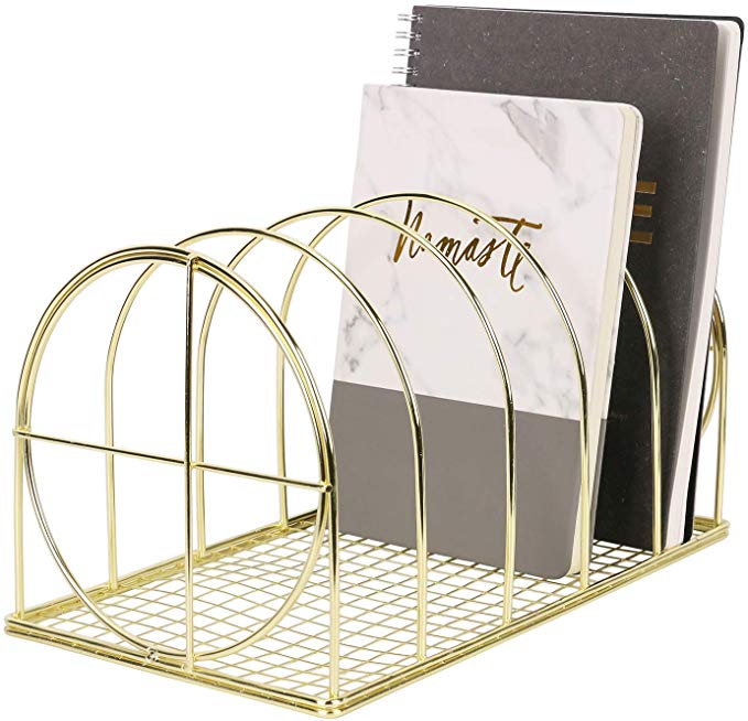 Simmer Stone File Sorter Organizer, 5 Section Magazine Holder Rack, Desktop Round Wire Book Stand for Mail, Paper, Document, Folder, Record and Desk Accessories, Gold