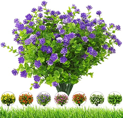 Artificial Flowers Outdoor 8 Bundles uv Resistant Fake Flowers,Plastic Faux Flowers Greenery Shrubs Plants for Decoration Indoor Outdoor Window Box Hanging Planter Home Porch Decor(Purple)