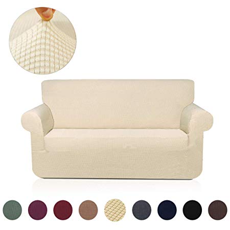 misaya Stretch Sofa Cover Soft Non-Slip Furniture Protector Jacquard Checks 1-Piece Couch Slipcover for Loveseat, Beige