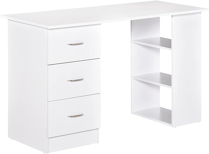 HOMCOM Bureau Informatique Table Multi-Fonctions 3 tiroirs 2 étagères dim. 120L x 49l x 72H cm MDF Blanc