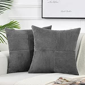 Fancy Homi 2 Packs Dark Gray Decorative Throw Pillow Covers 16x16 Inch for Living Room Couch Bed, Rustic Farmhouse Boho Home Decor, Soft Corss Patchwork Corduroy Textured Square Cushion Case 40x40 cm