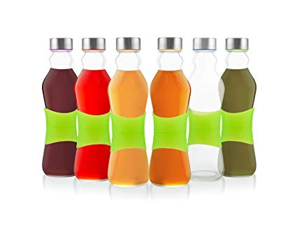 Glèur Reusable Glass Beverage Bottles, with A Green Strip of Silicone for Easy Grip, and A Stainless Steel Airtight Cap, with Different Colored Lids Silicone, 17-Oz Set of 6