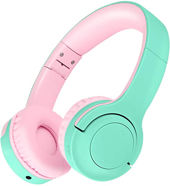 Picun Kids Bluetooth Headphones, 35 Hrs Playtime Foldable Stereo Kids Wireless Headphones 2020 Upgraded Model with USB-C Fast Charge and Built-in Microphone, for Phones/Pad Tables/PC (Green Pink)