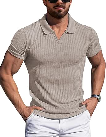 YTD Men's Muscle V Neck Polo Shirts Slim Fit Solid Short Sleeve Golf T-Shirts Ribbed Knit Soft Tees