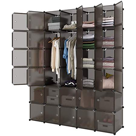 LANGRIA 30-Cube Storage Organizer Large Brown DIY Stackable Easy Assemble Plastic Steel Frame Decorative Modular Clutter-Free Closet Yarn Stash Wardrobe for Homes, Living Rooms, and Gardens