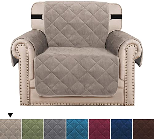 H.VERSAILTEX Thick Velvet Armchair Cover Couch Covers 1 Cushion Armchair Slipcover for Living Room Protector from Pets Dogs, Two Non-Slip Elastic Straps on Back and Base (Armchair 23", Taupe)