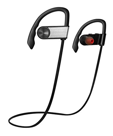 Wireless Bluetooth Headset, Lightweight, Sweatproof, Noise Cancelling, Compatible with iPhone, Samsung, LG (Silver)