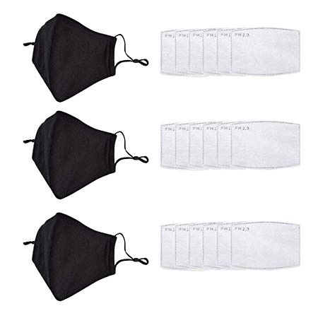 3 Pack Reusable Mouth Mask with 15pcs PM2.5 Pollutant Filters, Black Cotton Face Mask for Walking Camping Travel