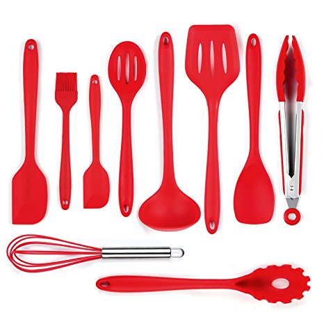 iLOME Silicone Spatula Utensil Set Heat-Resistant Non-Stick Cooking Baking Utensils with Hygienic Solid Coating Spatula Set 10 Pieces(Red)