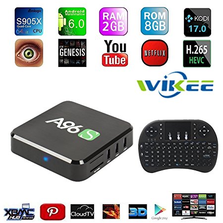 [2017 Free Wireless Mini Keyboard] WIIKEE A96S Amlogic S905X Quad Core Android TV Box with KODI 17.0 Fully Loaded Android 6.0 2G/8G H.265 4K UHD 3D WiFi 2.4G Unlocked Google Streaming Media Player